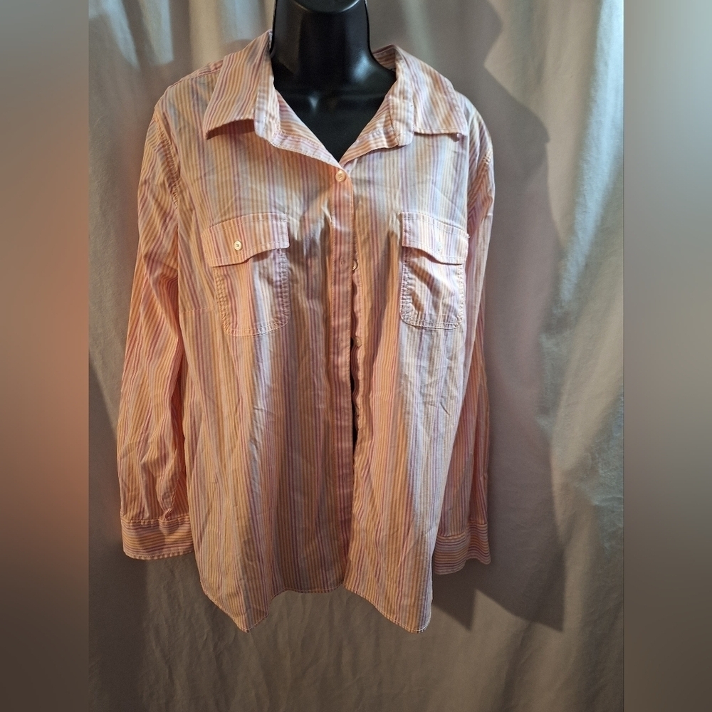 L.L. Bean Women's Pink and Orange Striped Shirt